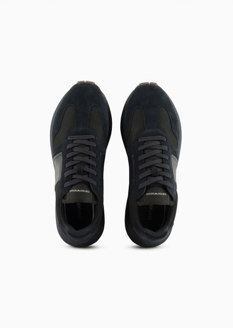 Navy Blue Emporio Armani Mesh Sneakers With Suede Details | EA-SN58911