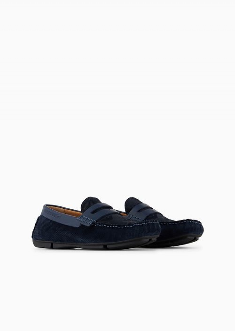 Navy Blue Emporio Armani Micro-perforated Suede Driving Loafers | EA-SN58877