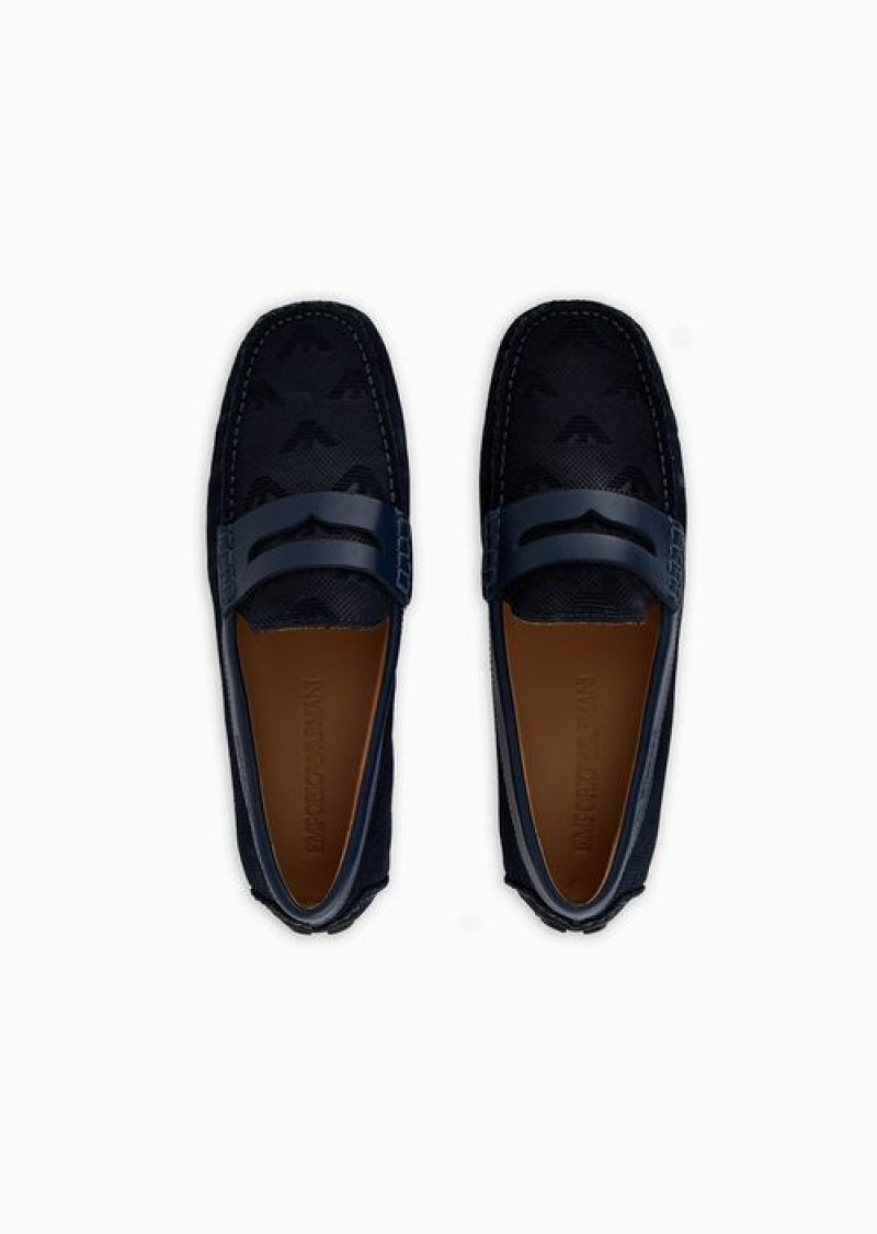 Navy Blue Emporio Armani Micro-perforated Suede Driving Loafers | EA-SN58877