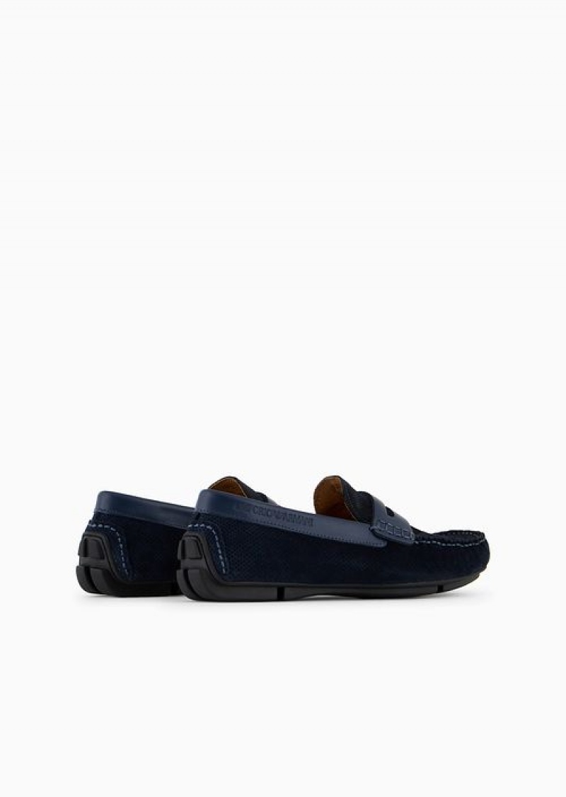 Navy Blue Emporio Armani Micro-perforated Suede Driving Loafers | EA-SN58877