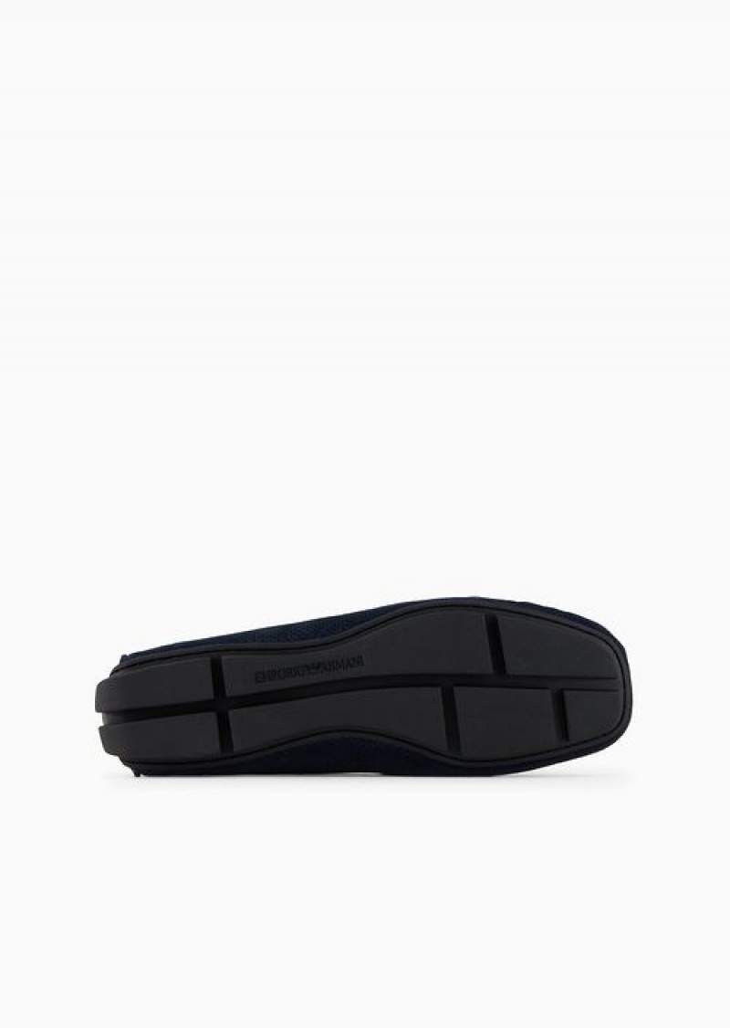 Navy Blue Emporio Armani Micro-perforated Suede Driving Loafers | EA-SN58877