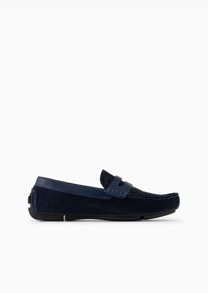 Navy Blue Emporio Armani Micro-perforated Suede Driving Loafers | EA-SN58877