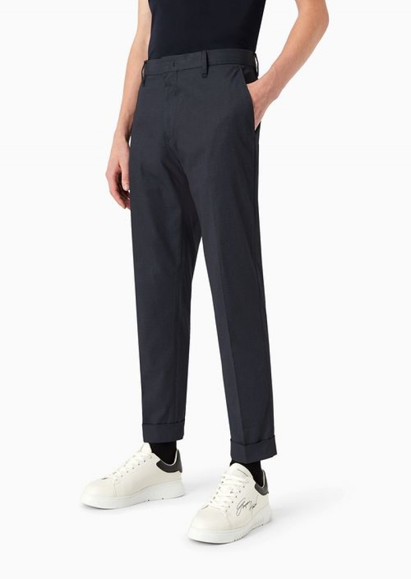 Navy Blue Emporio Armani Micro-textured Chinos With Turn-ups | EA-SN58379