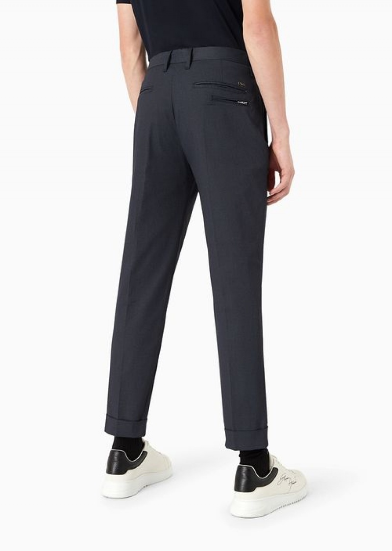 Navy Blue Emporio Armani Micro-textured Chinos With Turn-ups | EA-SN58379