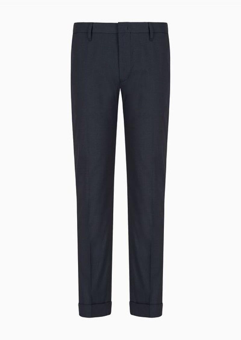 Navy Blue Emporio Armani Micro-textured Chinos With Turn-ups | EA-SN58379