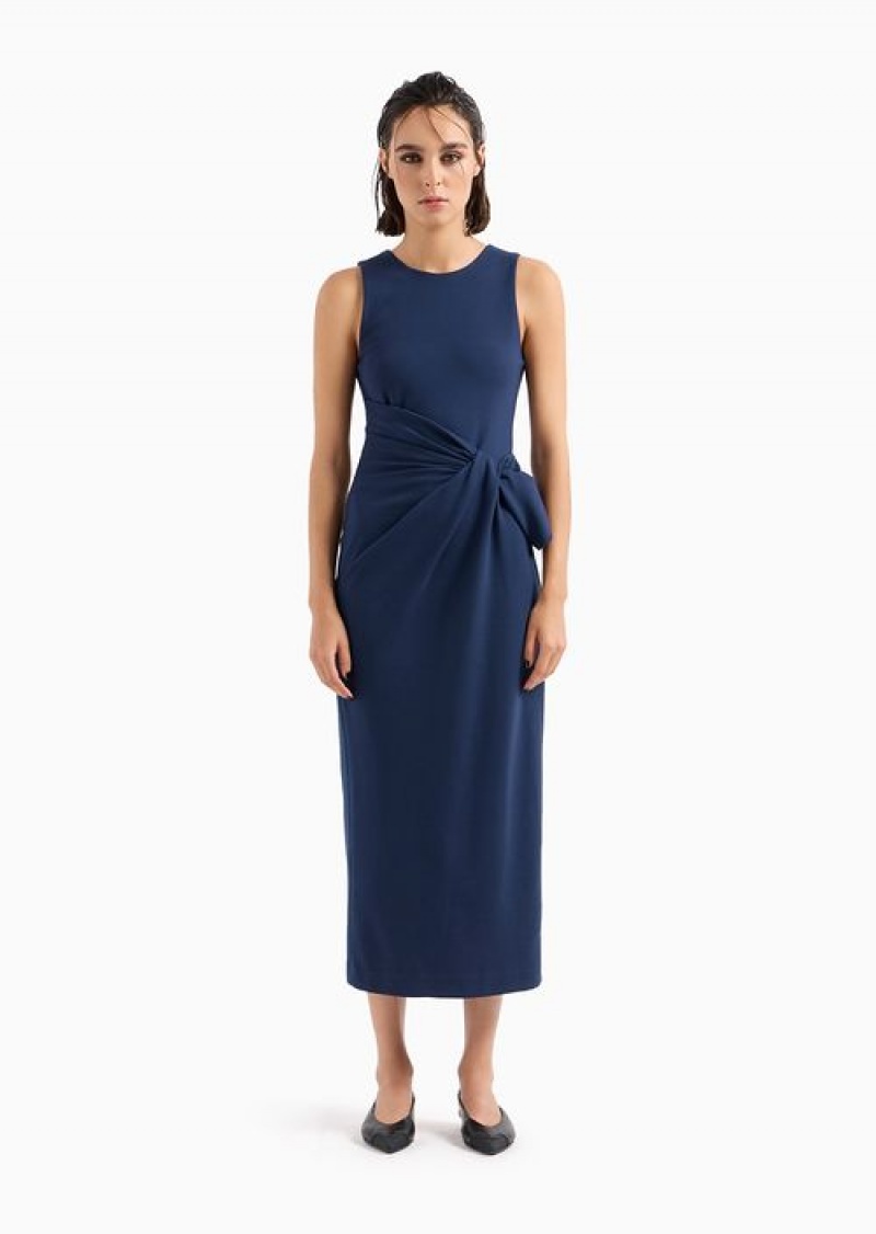 Navy Blue Emporio Armani Milano-stitch Midi Sheath Dress With Draping | EA-SN56527