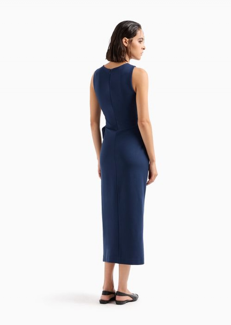 Navy Blue Emporio Armani Milano-stitch Midi Sheath Dress With Draping | EA-SN56527