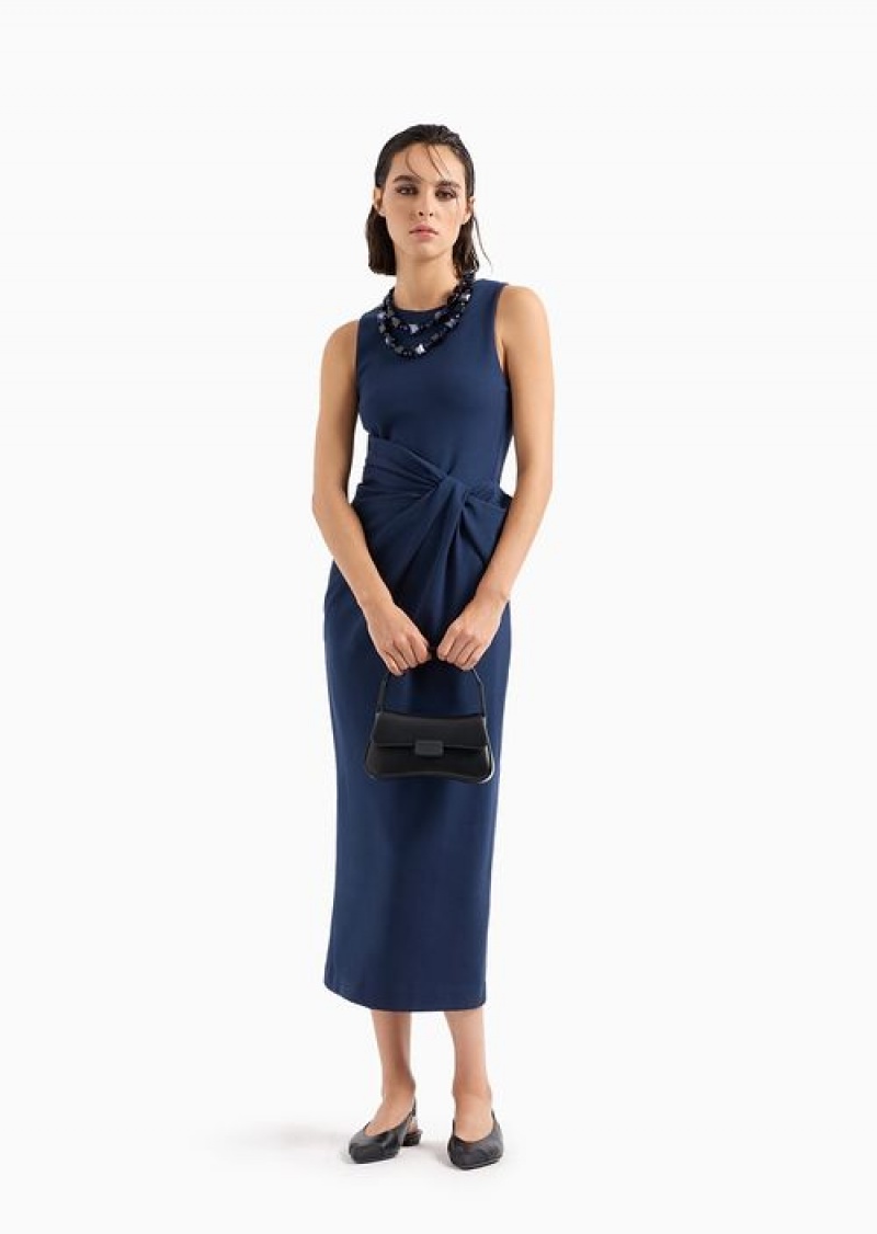 Navy Blue Emporio Armani Milano-stitch Midi Sheath Dress With Draping | EA-SN56527