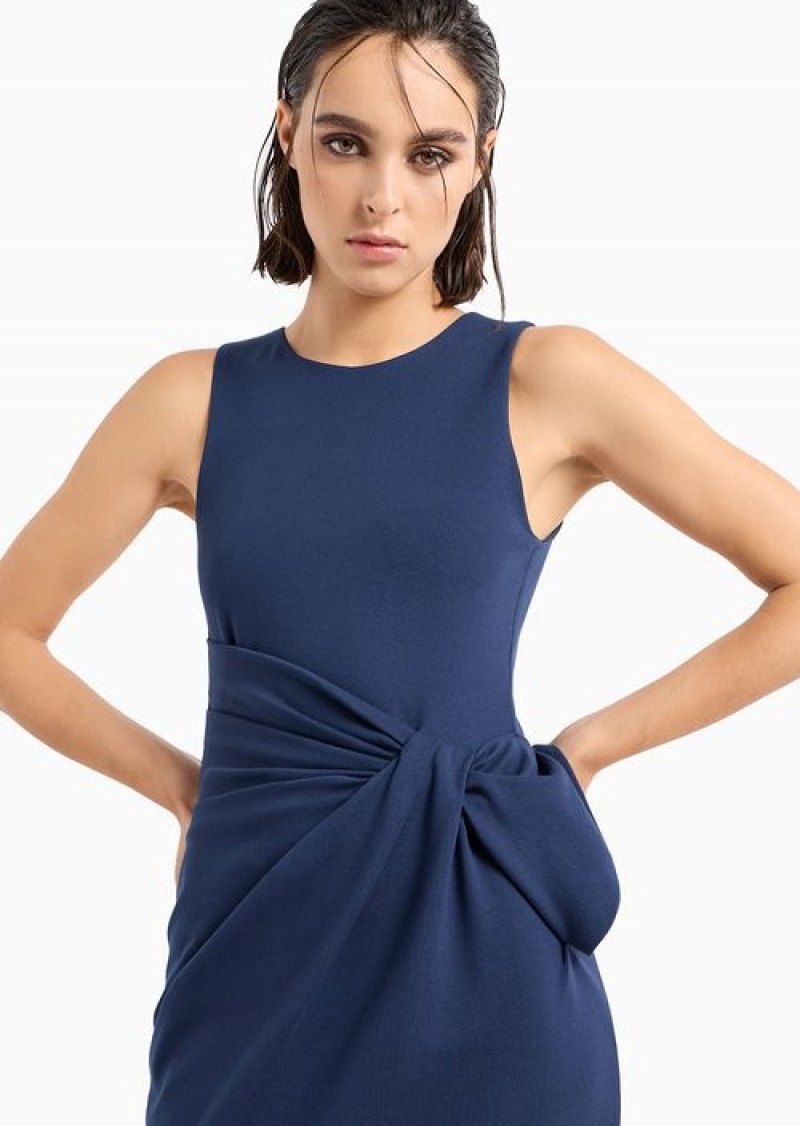 Navy Blue Emporio Armani Milano-stitch Midi Sheath Dress With Draping | EA-SN56527