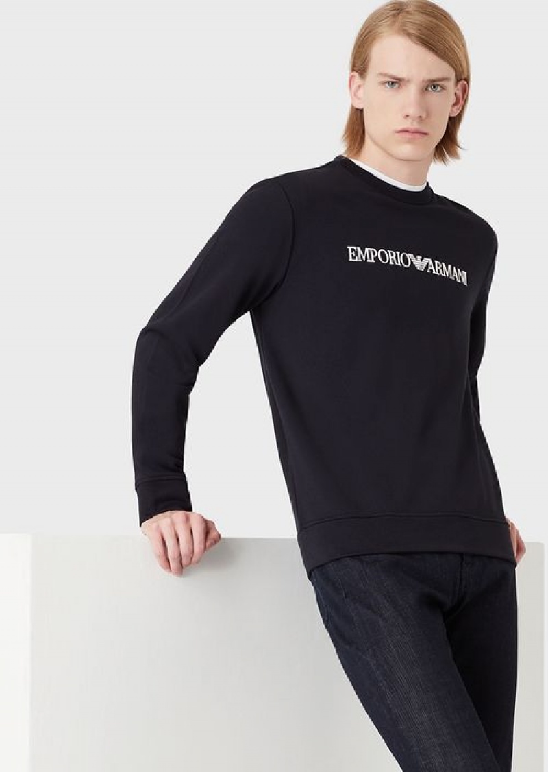 Navy Blue Emporio Armani Modal-blend Sweatshirt With Logo Print | EA-SN58532