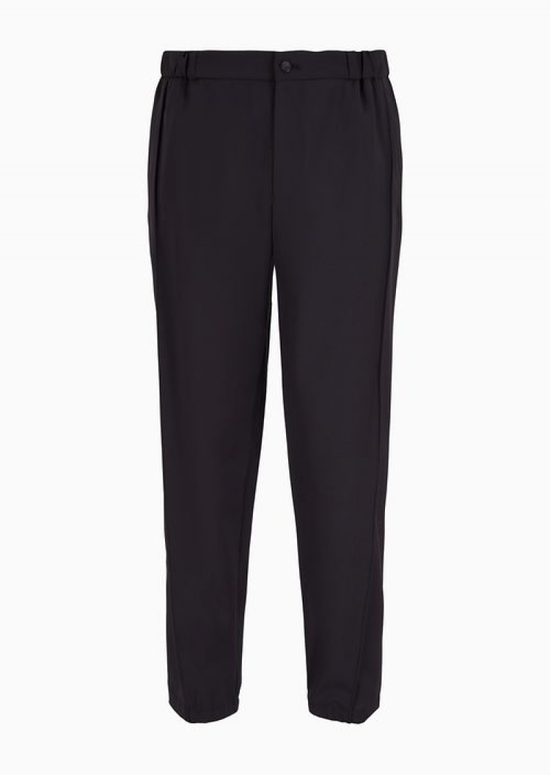 Navy Blue Emporio Armani Natural Stretch Canvas Trousers With Elasticated Cuffs | EA-SN58394