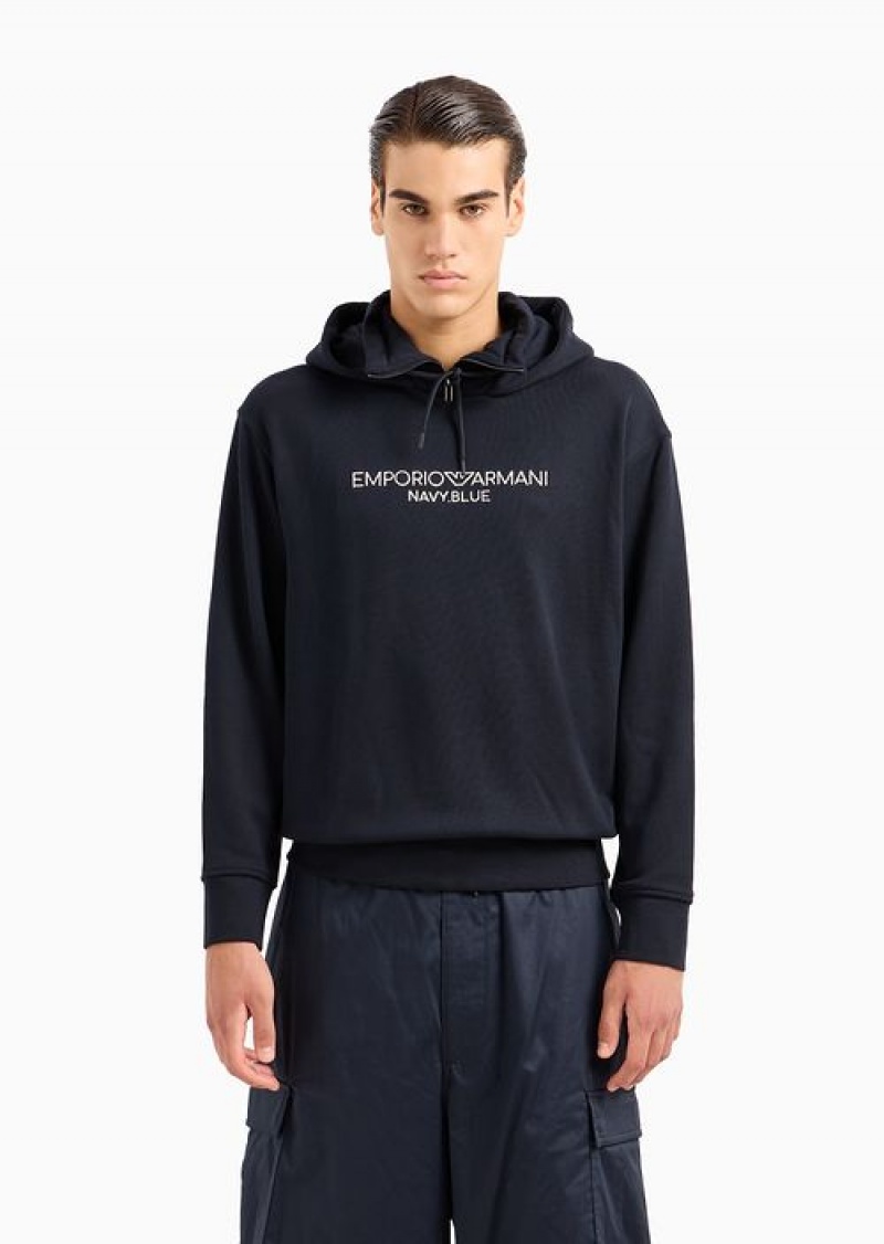 Navy Blue Emporio Armani Navy Blue Embroidered Heavy Jersey Mock-neck Hooded Sweatshirt | EA-SN58518