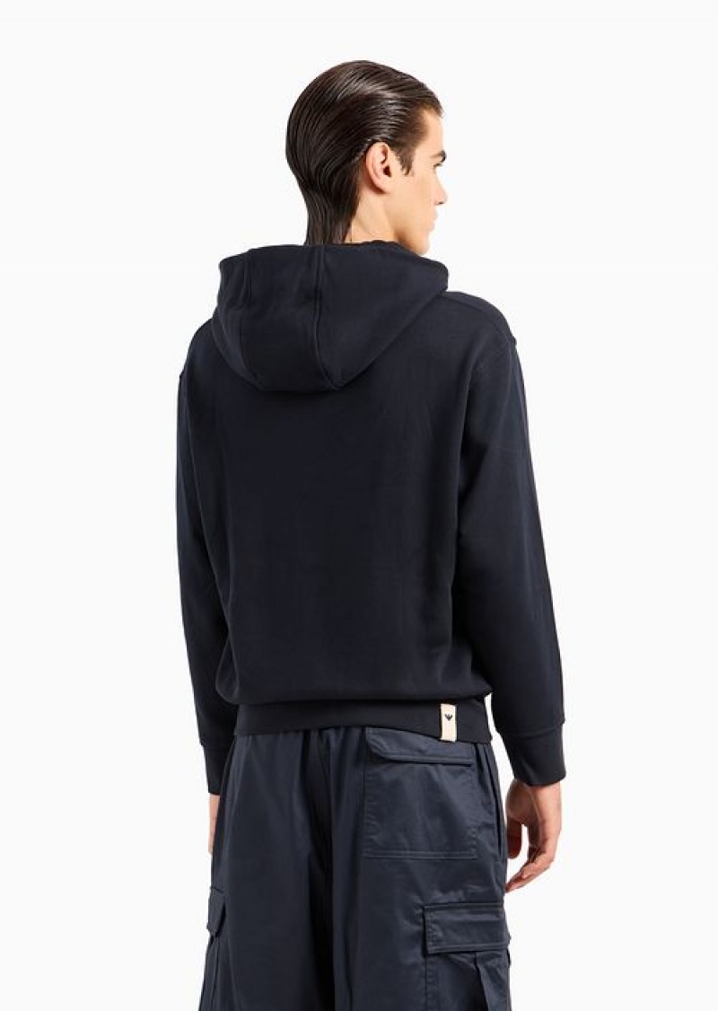 Navy Blue Emporio Armani Navy Blue Embroidered Heavy Jersey Mock-neck Hooded Sweatshirt | EA-SN58518