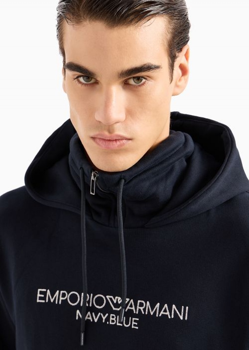 Navy Blue Emporio Armani Navy Blue Embroidered Heavy Jersey Mock-neck Hooded Sweatshirt | EA-SN58518