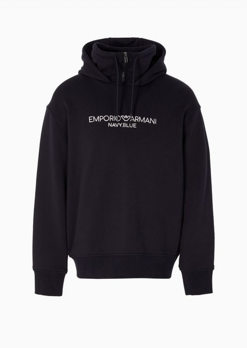 Navy Blue Emporio Armani Navy Blue Embroidered Heavy Jersey Mock-neck Hooded Sweatshirt | EA-SN58518