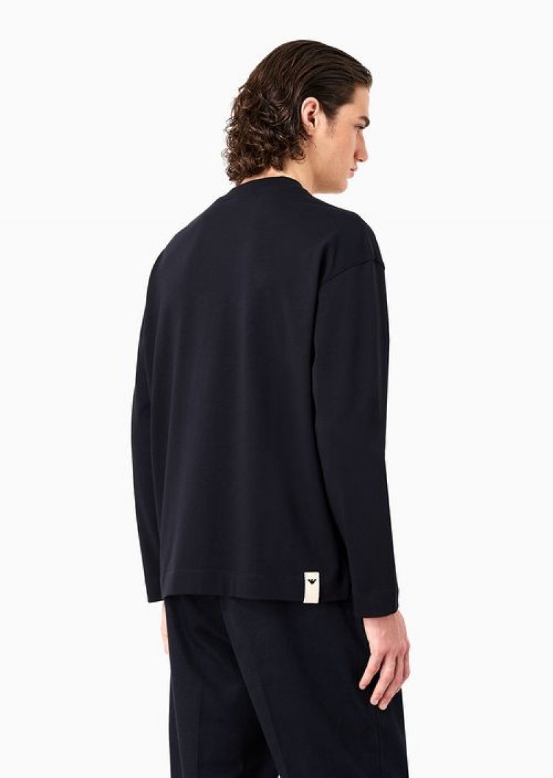 Navy Blue Emporio Armani Navy Blue Heavyweight Jersey Jumper With Logo Embroidery | EA-SN58661