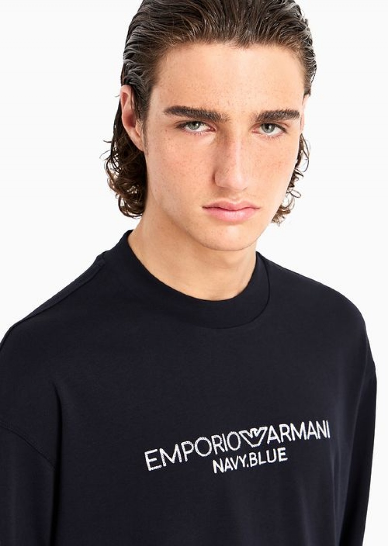 Navy Blue Emporio Armani Navy Blue Heavyweight Jersey Jumper With Logo Embroidery | EA-SN58661