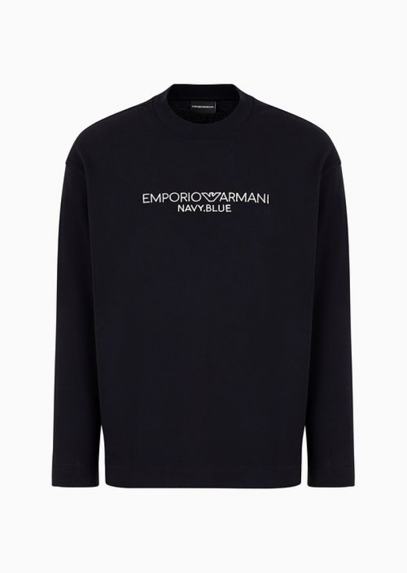 Navy Blue Emporio Armani Navy Blue Heavyweight Jersey Jumper With Logo Embroidery | EA-SN58661