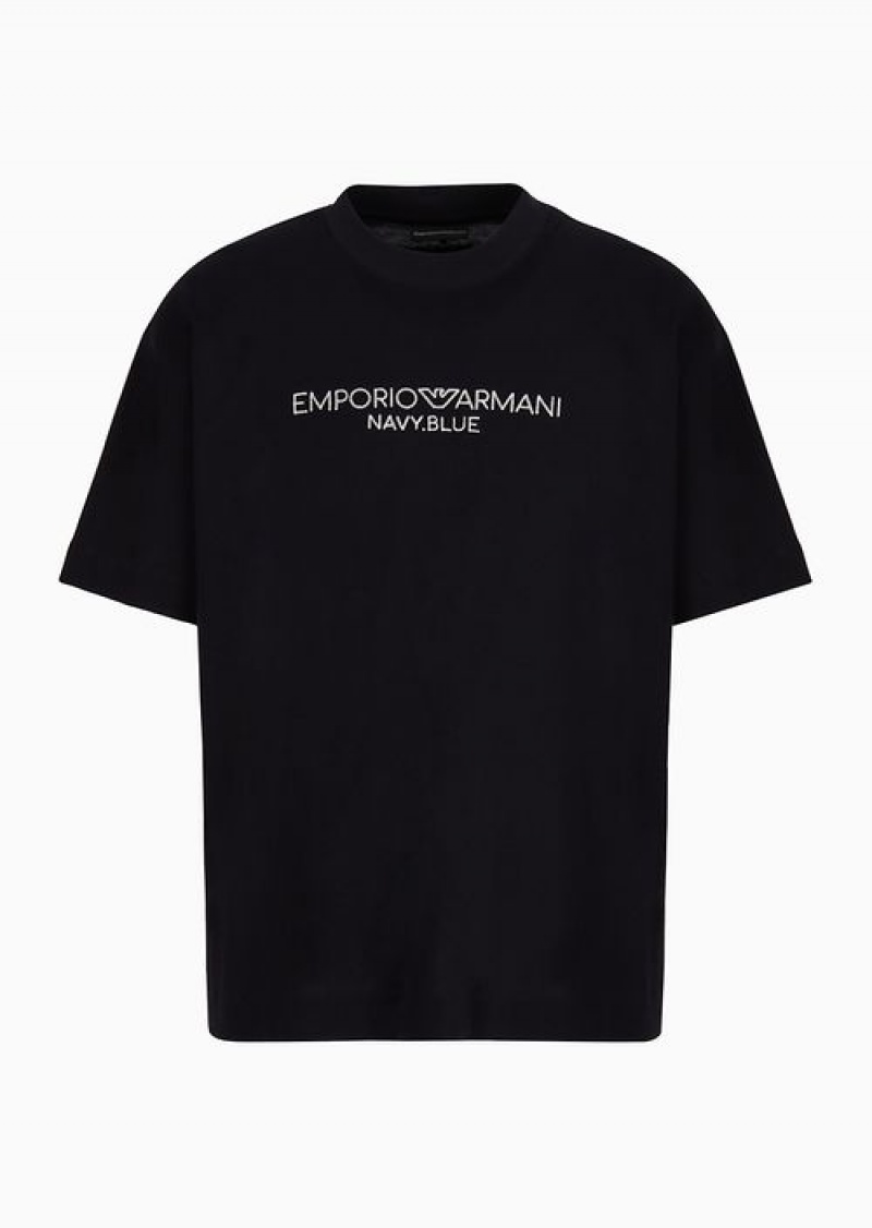 Navy Blue Emporio Armani Navy Blue Heavyweight Jersey T-shirt With Logo Embroidery | EA-SN58662