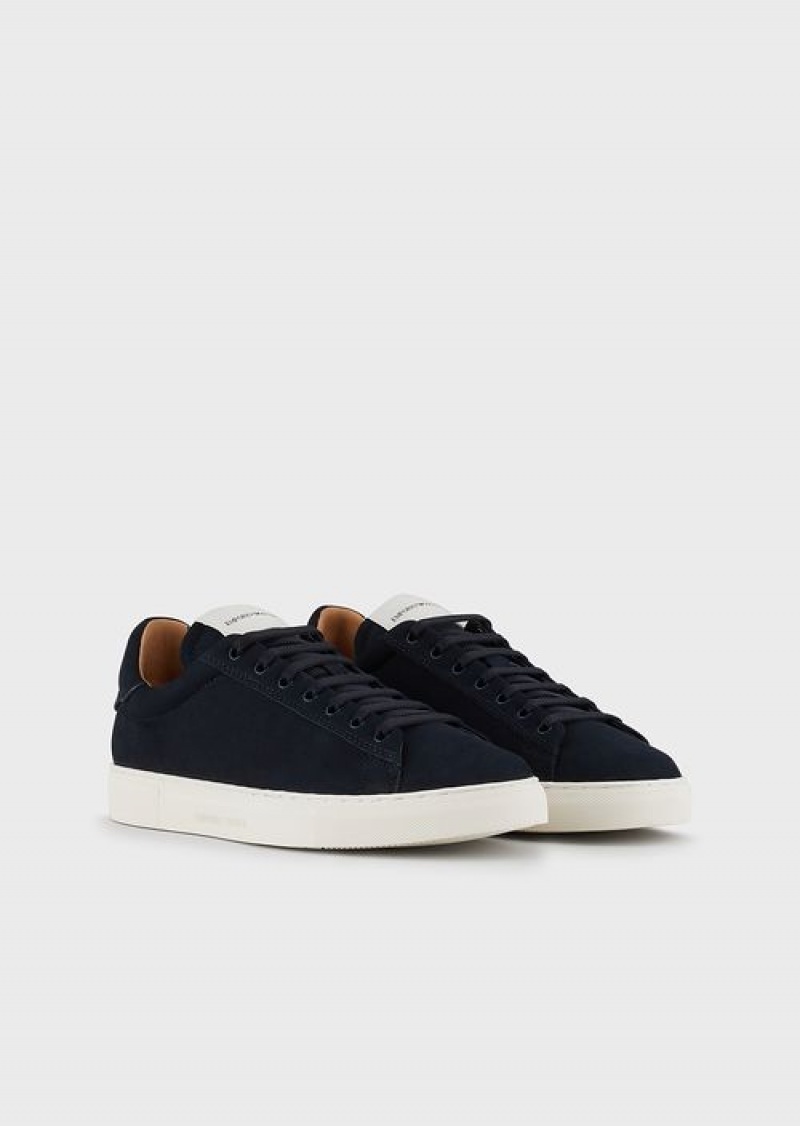 Navy Blue Emporio Armani Nubuck Sneakers With Back Logo | EA-SN58955