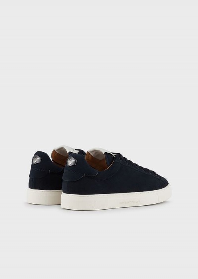 Navy Blue Emporio Armani Nubuck Sneakers With Back Logo | EA-SN58955