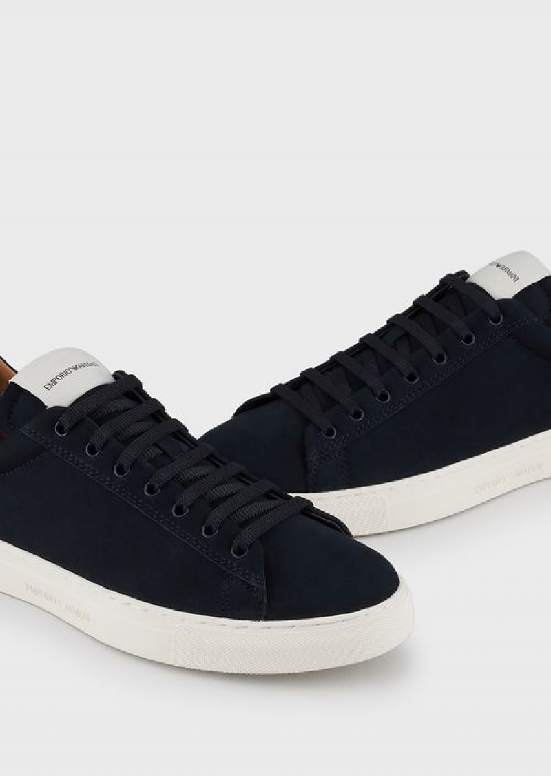 Navy Blue Emporio Armani Nubuck Sneakers With Back Logo | EA-SN58955