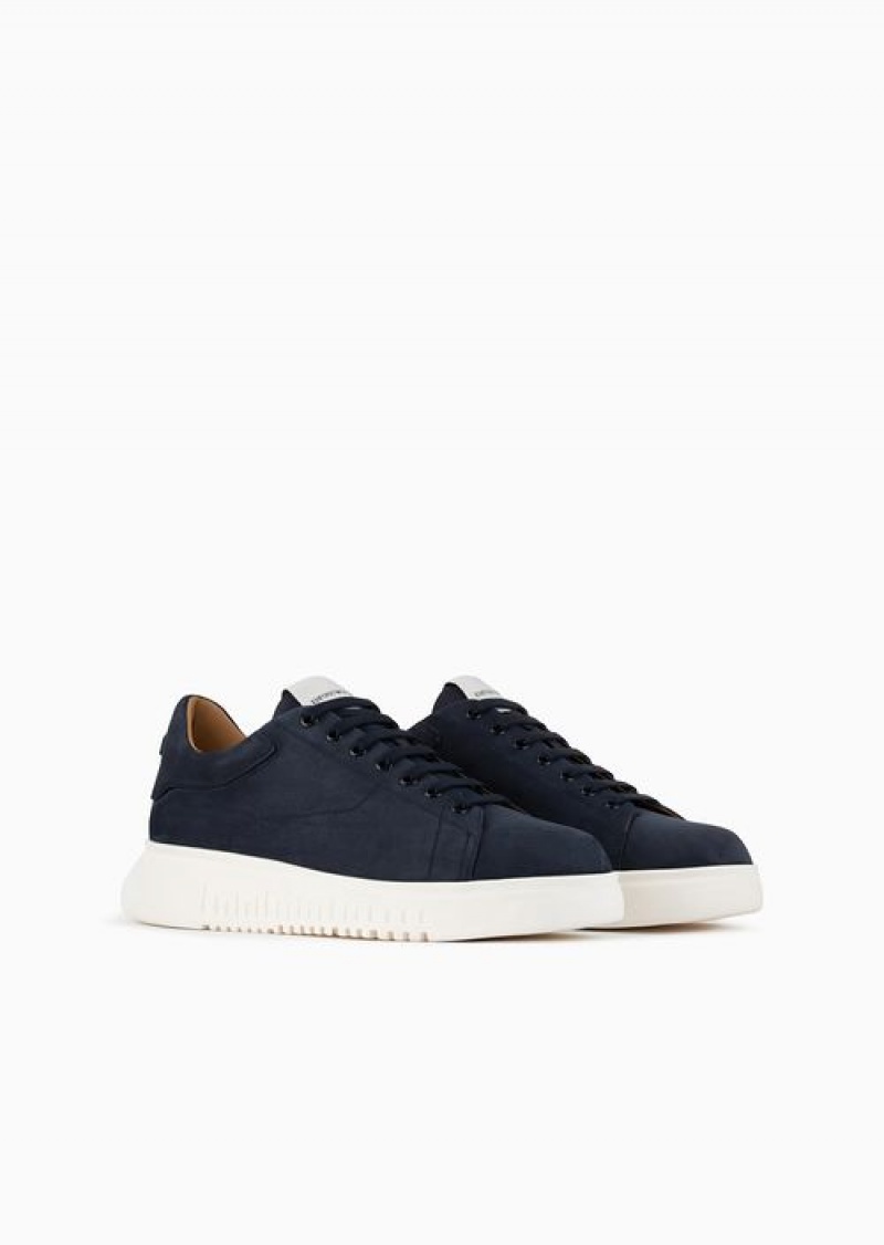 Navy Blue Emporio Armani Nubuck Sneakers With Knurled Soles | EA-SN58973