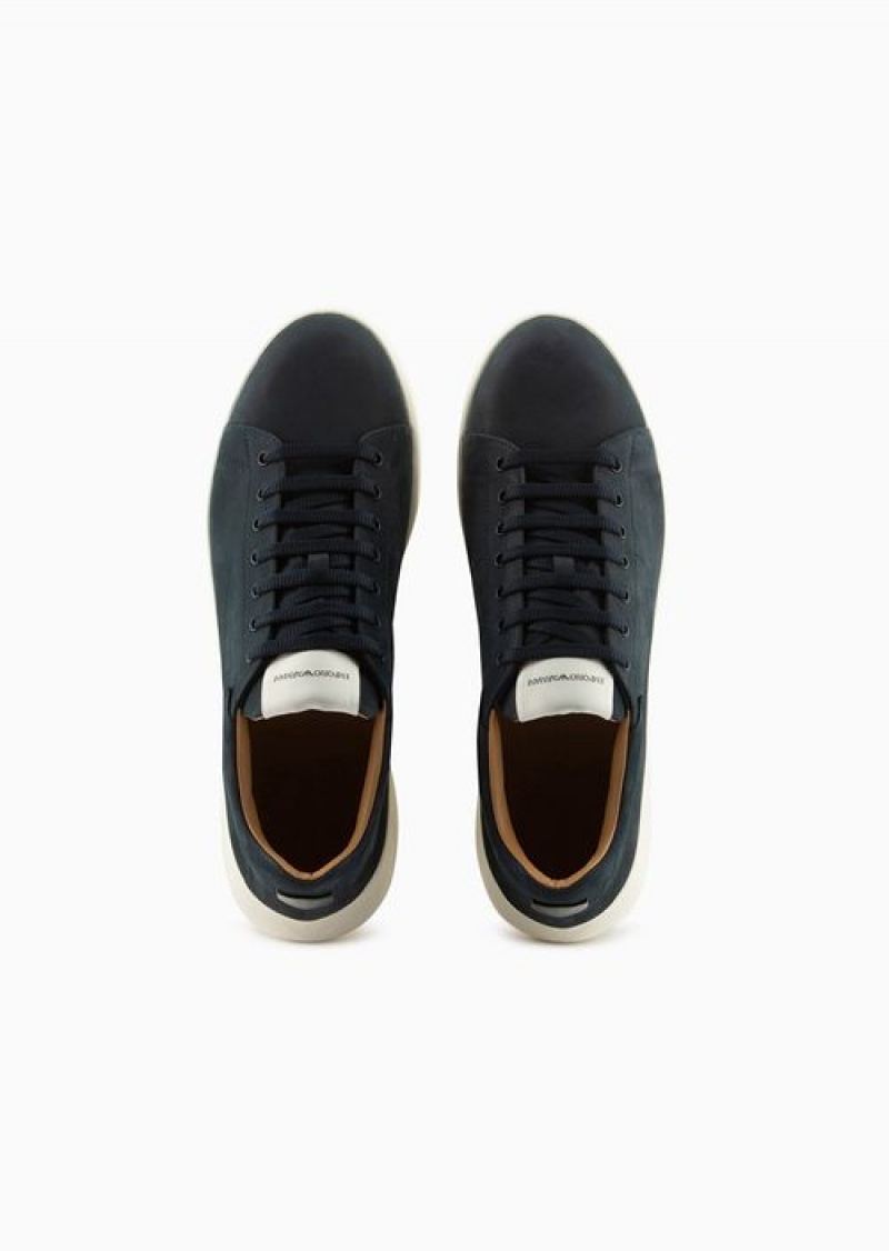 Navy Blue Emporio Armani Nubuck Sneakers With Knurled Soles | EA-SN58973