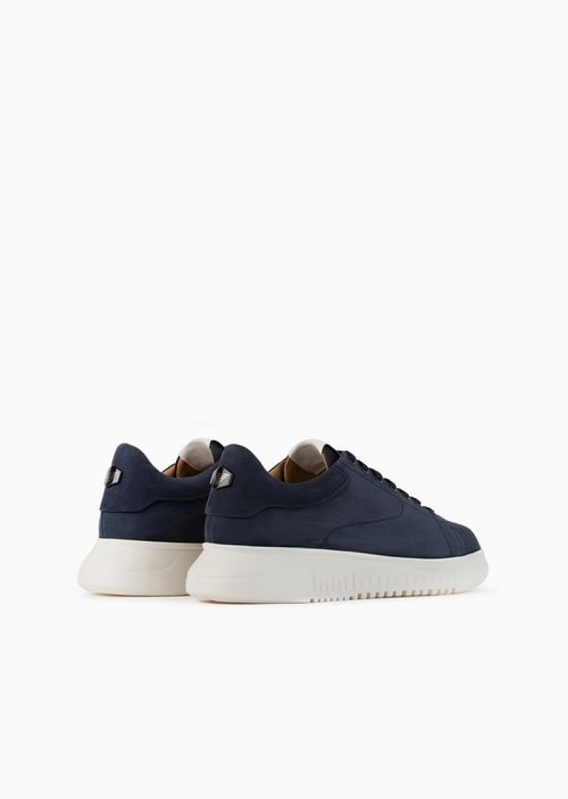 Navy Blue Emporio Armani Nubuck Sneakers With Knurled Soles | EA-SN58973