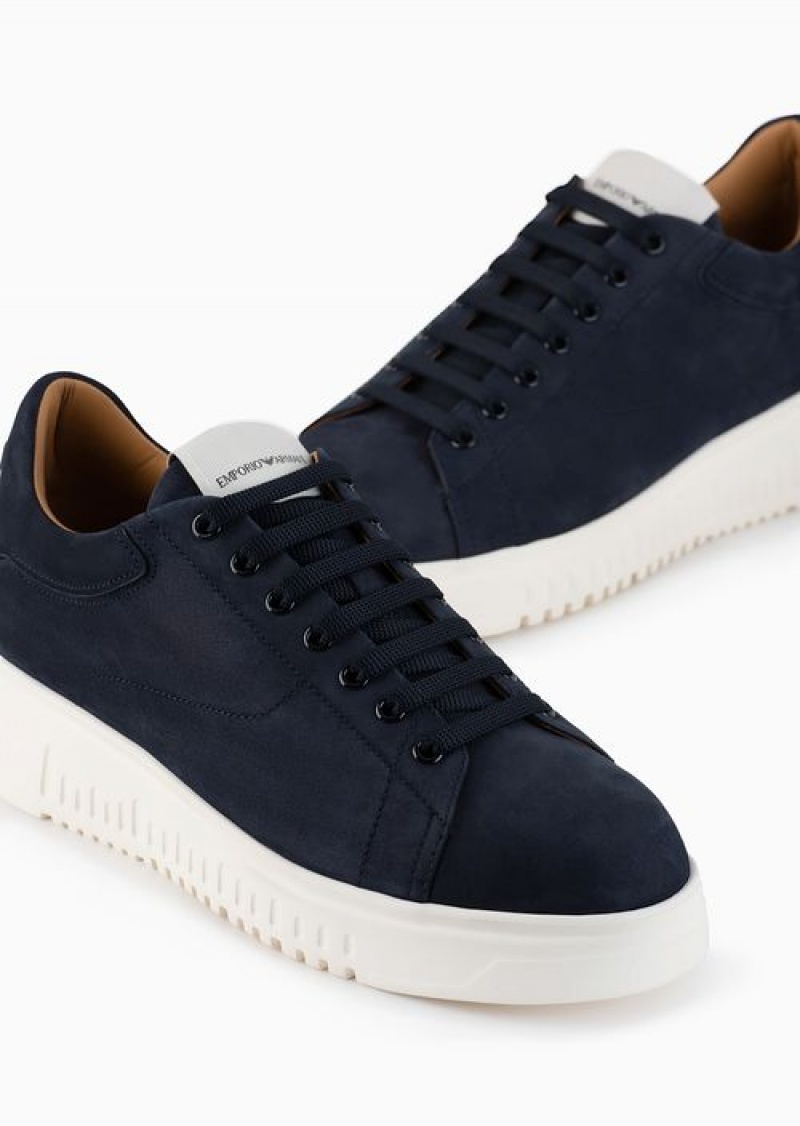 Navy Blue Emporio Armani Nubuck Sneakers With Knurled Soles | EA-SN58973