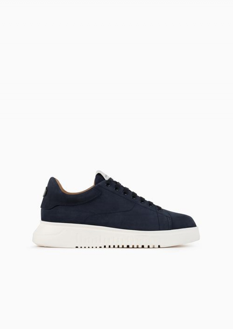 Navy Blue Emporio Armani Nubuck Sneakers With Knurled Soles | EA-SN58973