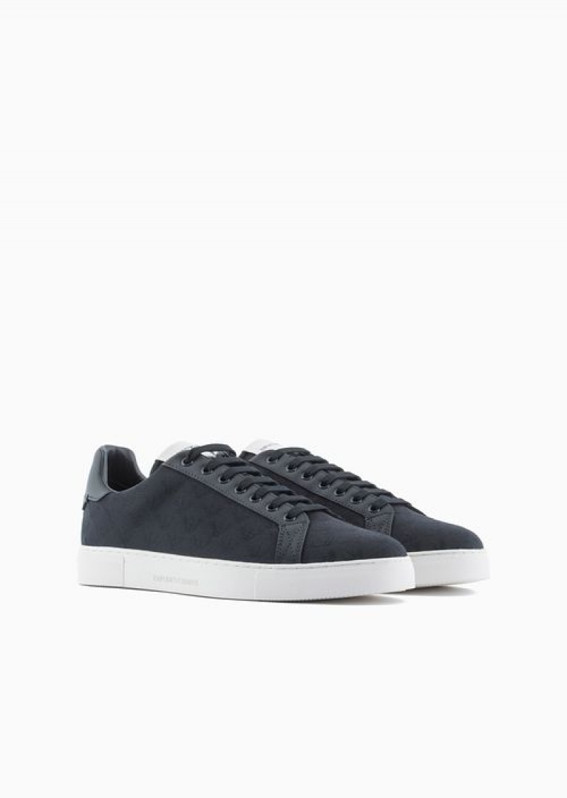 Navy Blue Emporio Armani Nylon Sneakers With Jacquard All-over Eagle | EA-SN58952