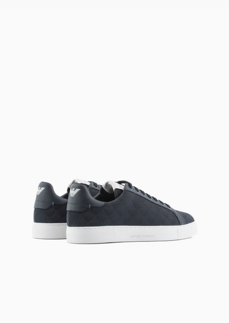 Navy Blue Emporio Armani Nylon Sneakers With Jacquard All-over Eagle | EA-SN58952