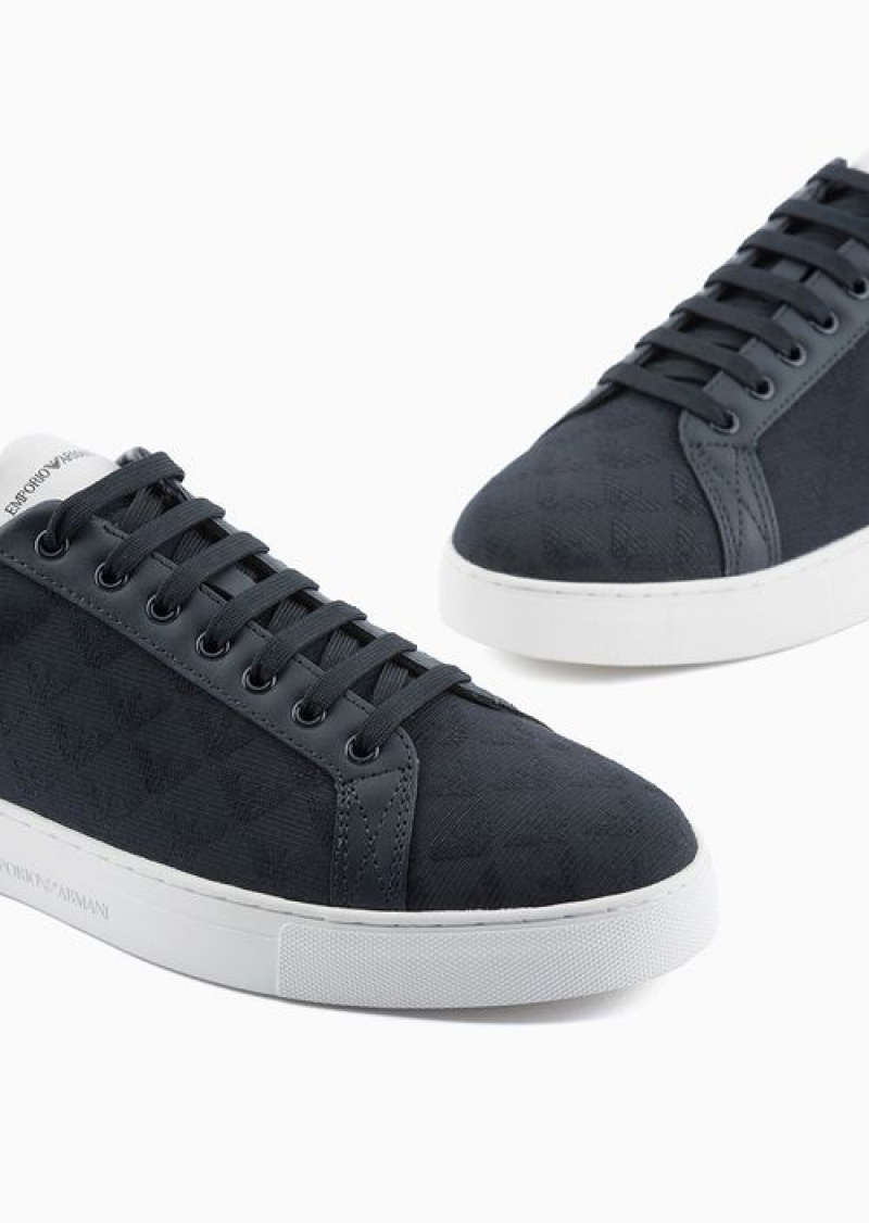 Navy Blue Emporio Armani Nylon Sneakers With Jacquard All-over Eagle | EA-SN58952