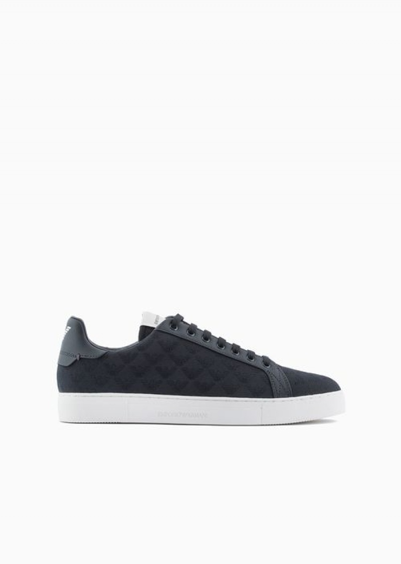 Navy Blue Emporio Armani Nylon Sneakers With Jacquard All-over Eagle | EA-SN58952