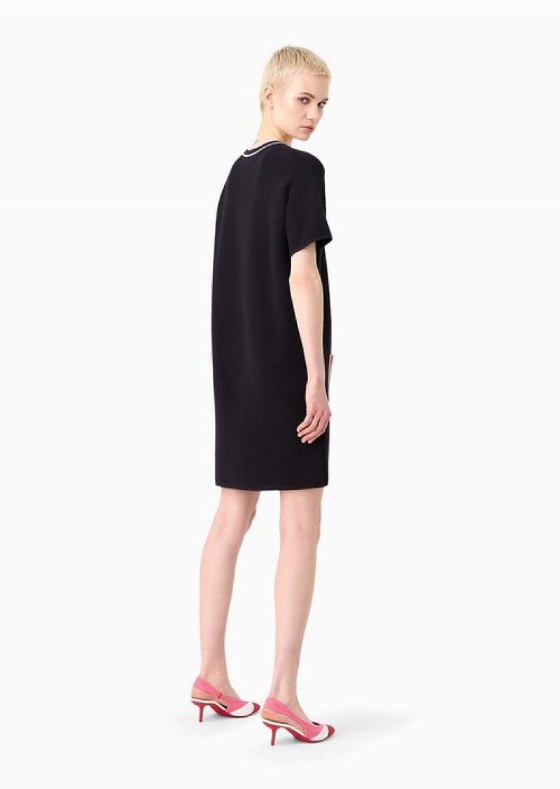 Navy Blue Emporio Armani Ottoman Fabric Short-sleeved Tunic Dress With Patch Pockets | EA-SN56505