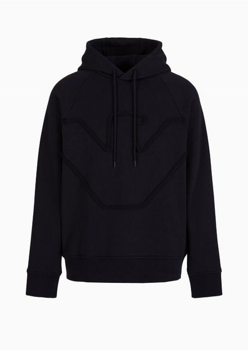 Navy Blue Emporio Armani Oversized Hooded Sweatshirt In Heavyweight Jersey With Embossed Rope-effect Oversized Embroidery | EA-SN58508