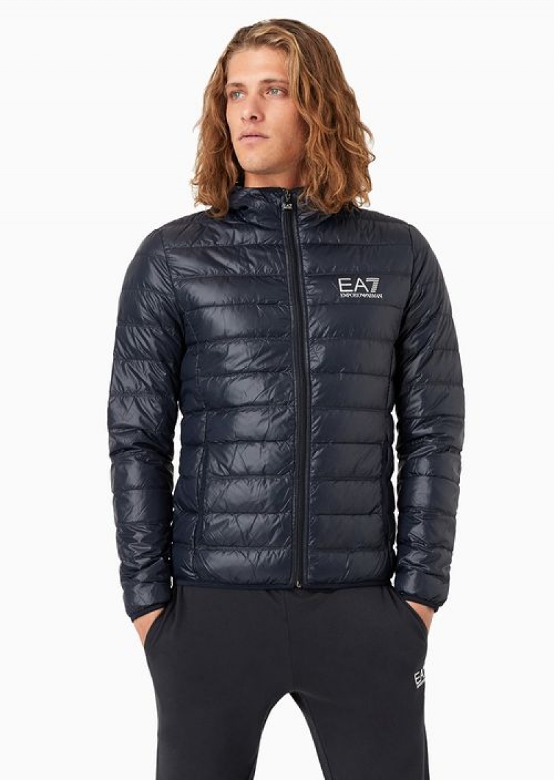 Navy Blue Emporio Armani Packable Hooded Core Identity Puffer Jacket | EA7-SN59812