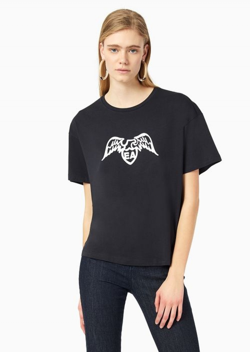 Navy Blue Emporio Armani Pima T-shirt With Eagle Logo | EA-SN57038