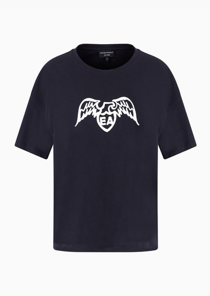 Navy Blue Emporio Armani Pima T-shirt With Eagle Logo | EA-SN57038