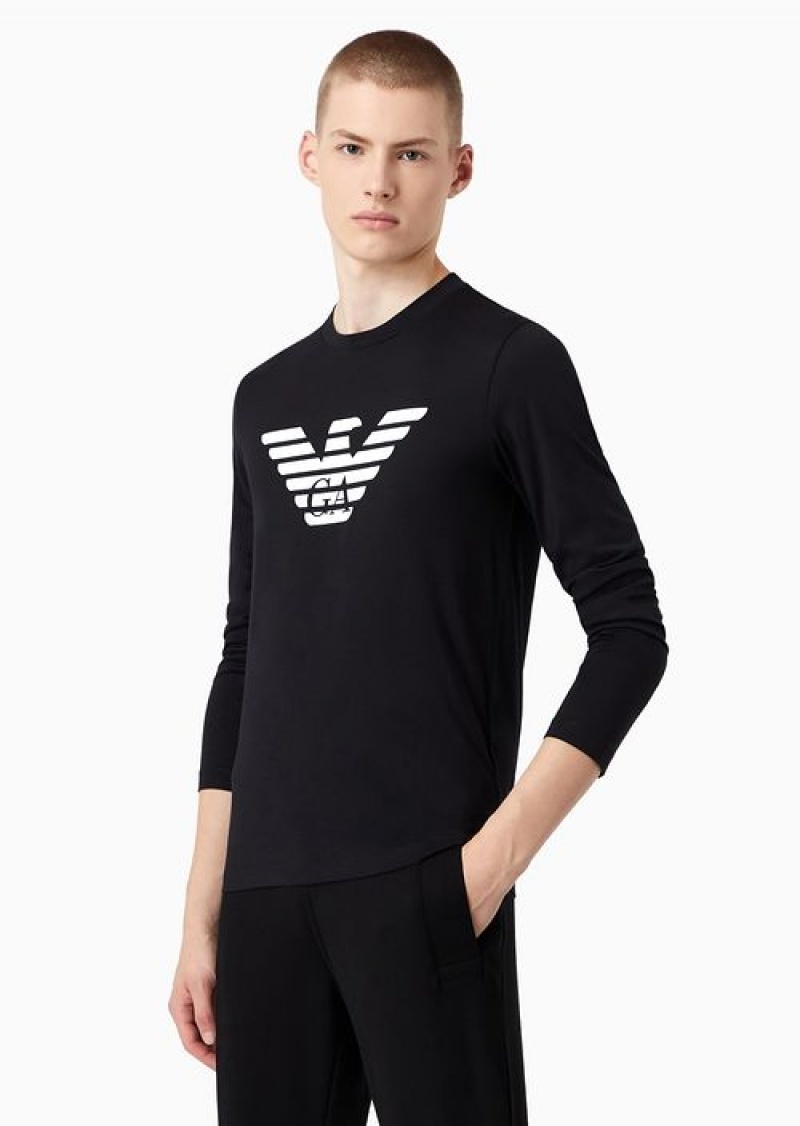 Navy Blue Emporio Armani Pima-jersey Jumper With Printed Logo | EA-SN58685