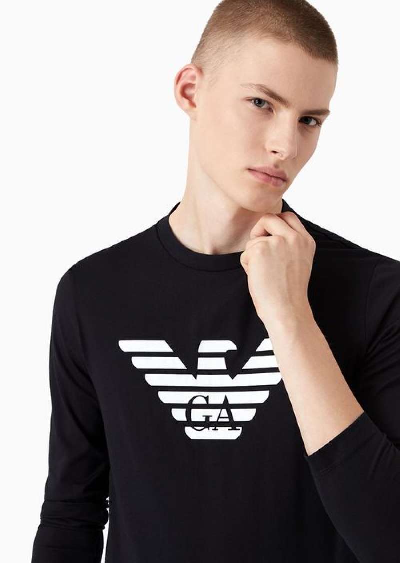 Navy Blue Emporio Armani Pima-jersey Jumper With Printed Logo | EA-SN58685