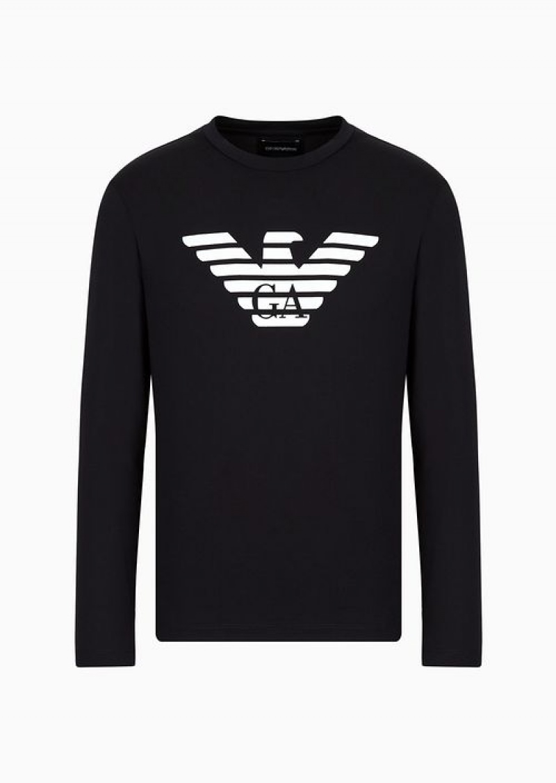 Navy Blue Emporio Armani Pima-jersey Jumper With Printed Logo | EA-SN58685