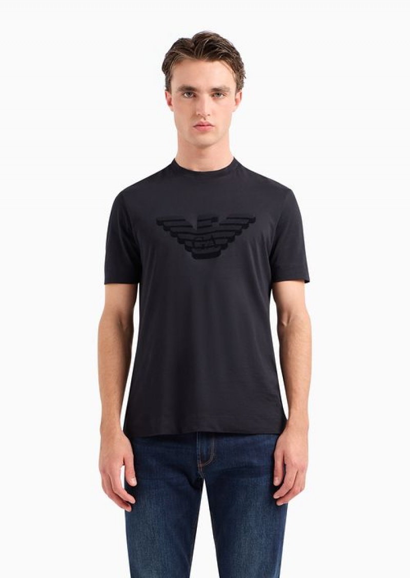 Navy Blue Emporio Armani Pima-jersey T-shirt With Flocked Logo Print | EA-SN58588