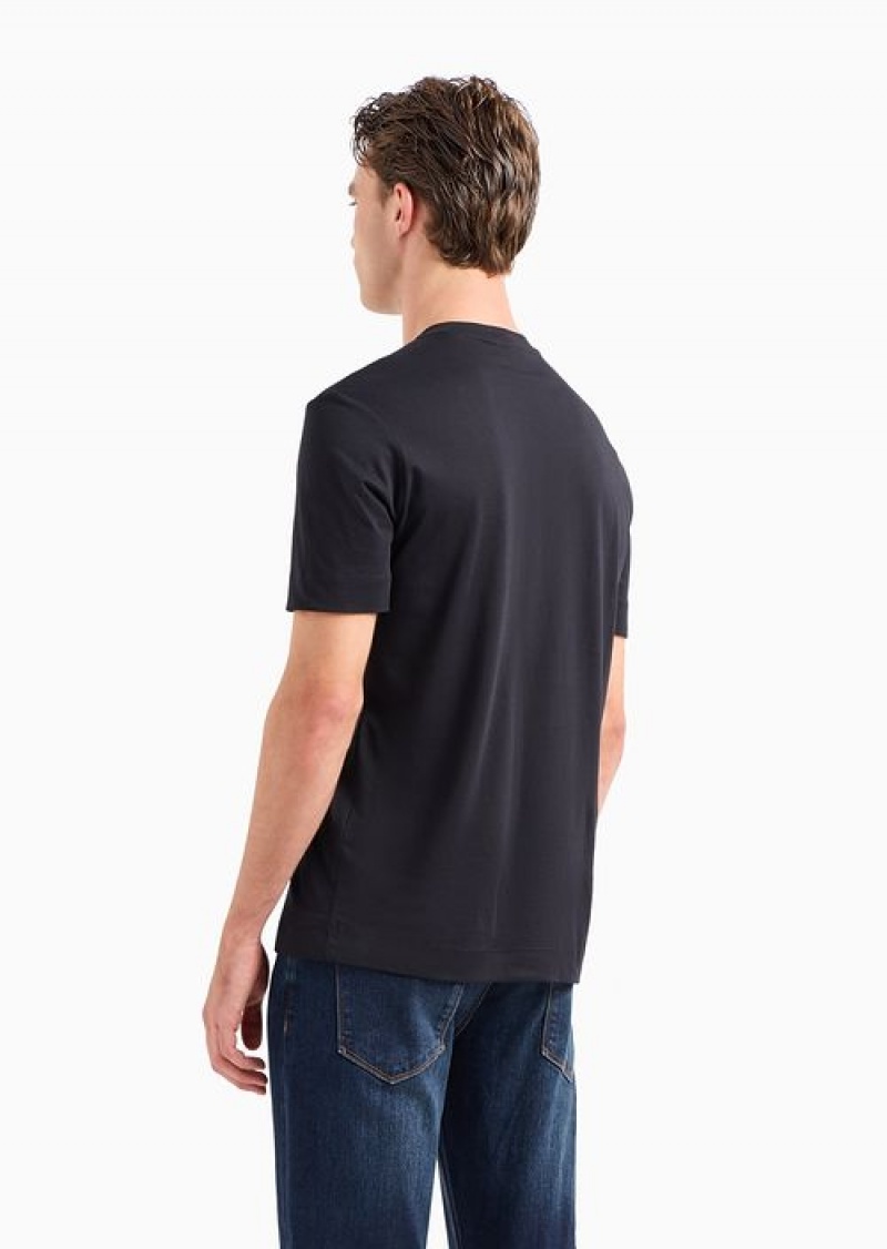 Navy Blue Emporio Armani Pima-jersey T-shirt With Flocked Logo Print | EA-SN58588