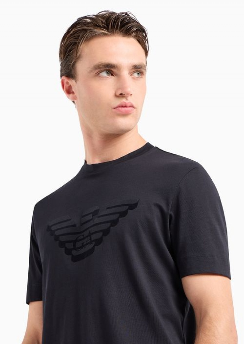 Navy Blue Emporio Armani Pima-jersey T-shirt With Flocked Logo Print | EA-SN58588