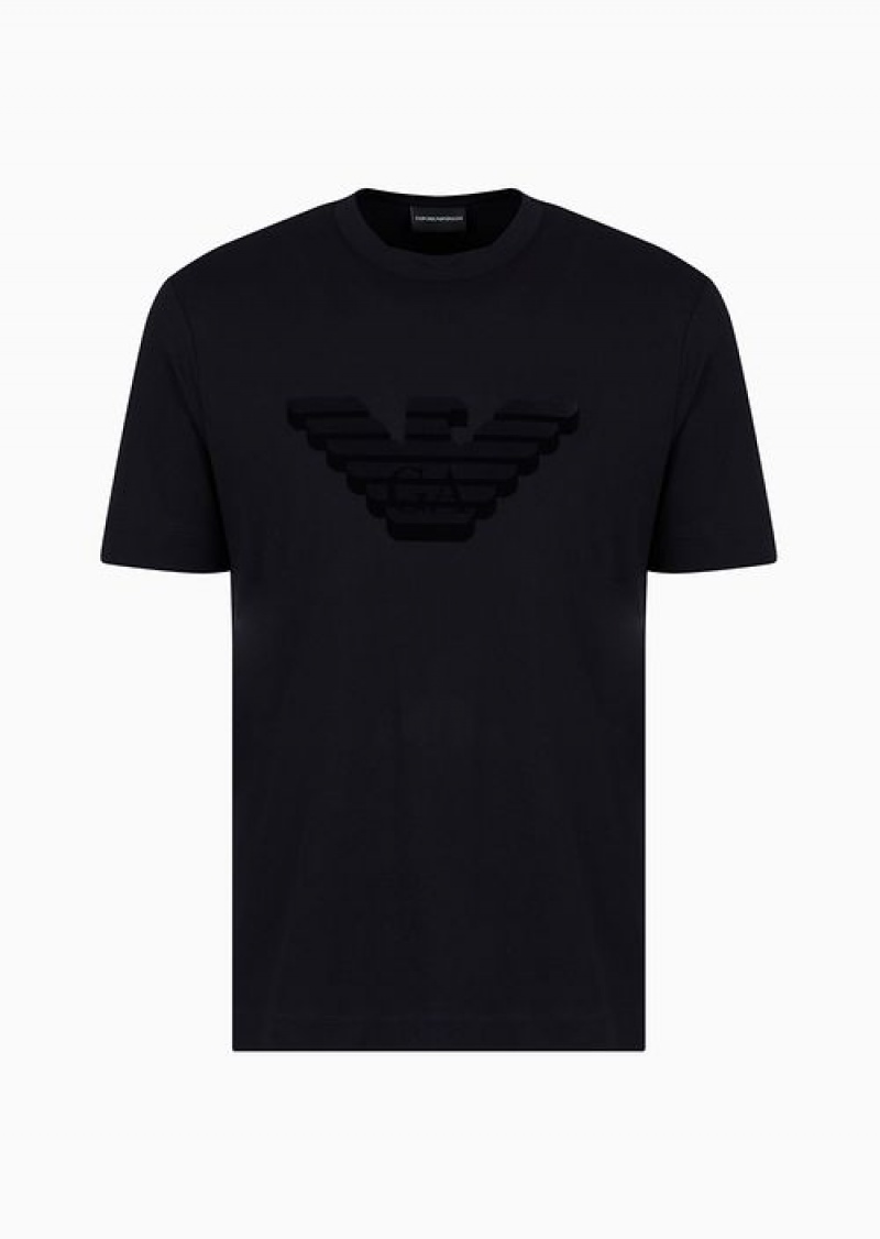 Navy Blue Emporio Armani Pima-jersey T-shirt With Flocked Logo Print | EA-SN58588