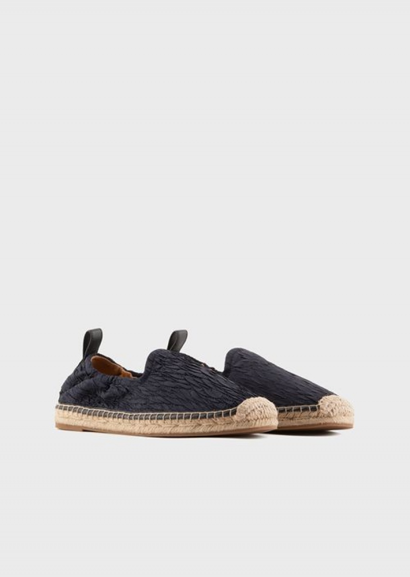 Navy Blue Emporio Armani Pleated Nylon Espadrilles | EA-SN58896