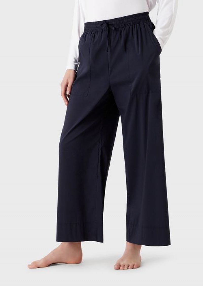 Navy Blue Emporio Armani Poplin Drawstring Beach Trousers | EA-SN56872