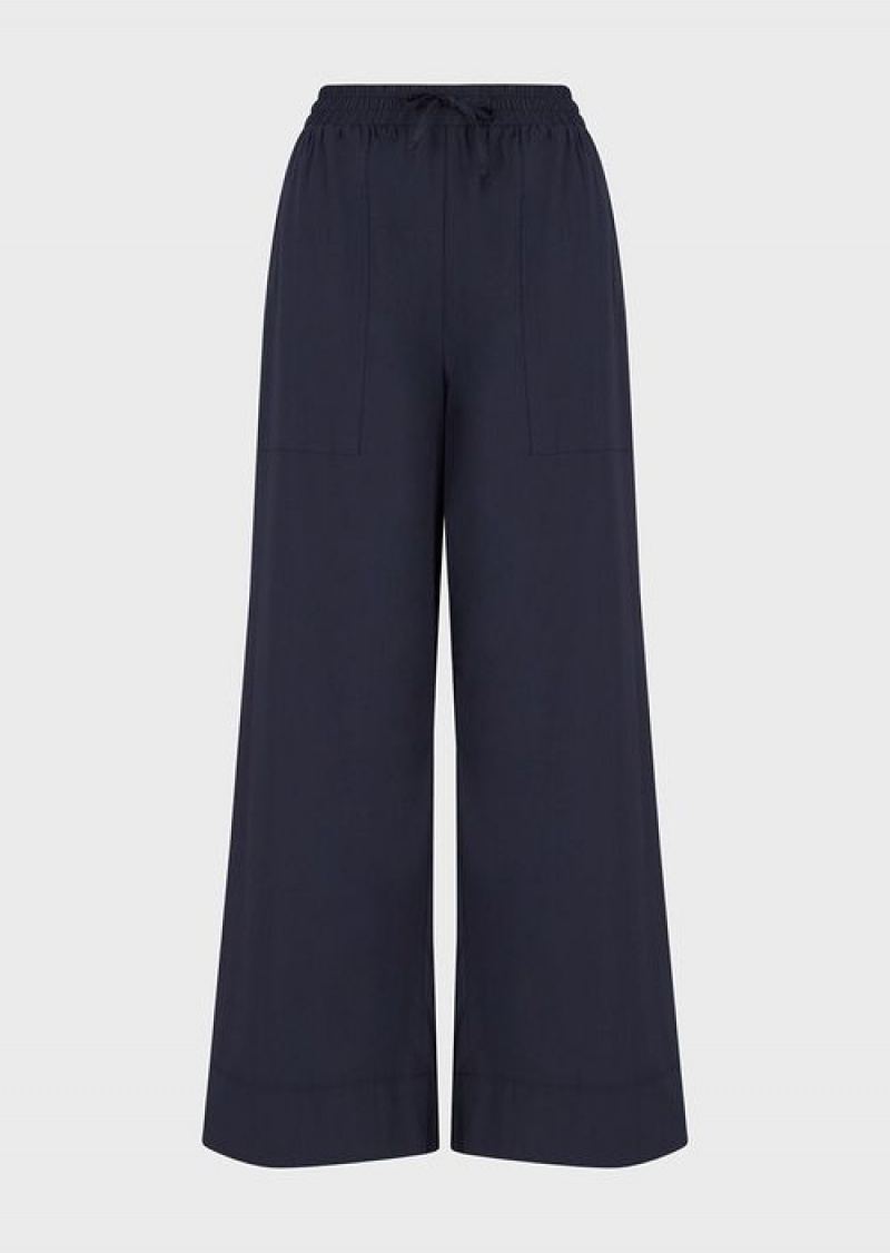 Navy Blue Emporio Armani Poplin Drawstring Beach Trousers | EA-SN56872